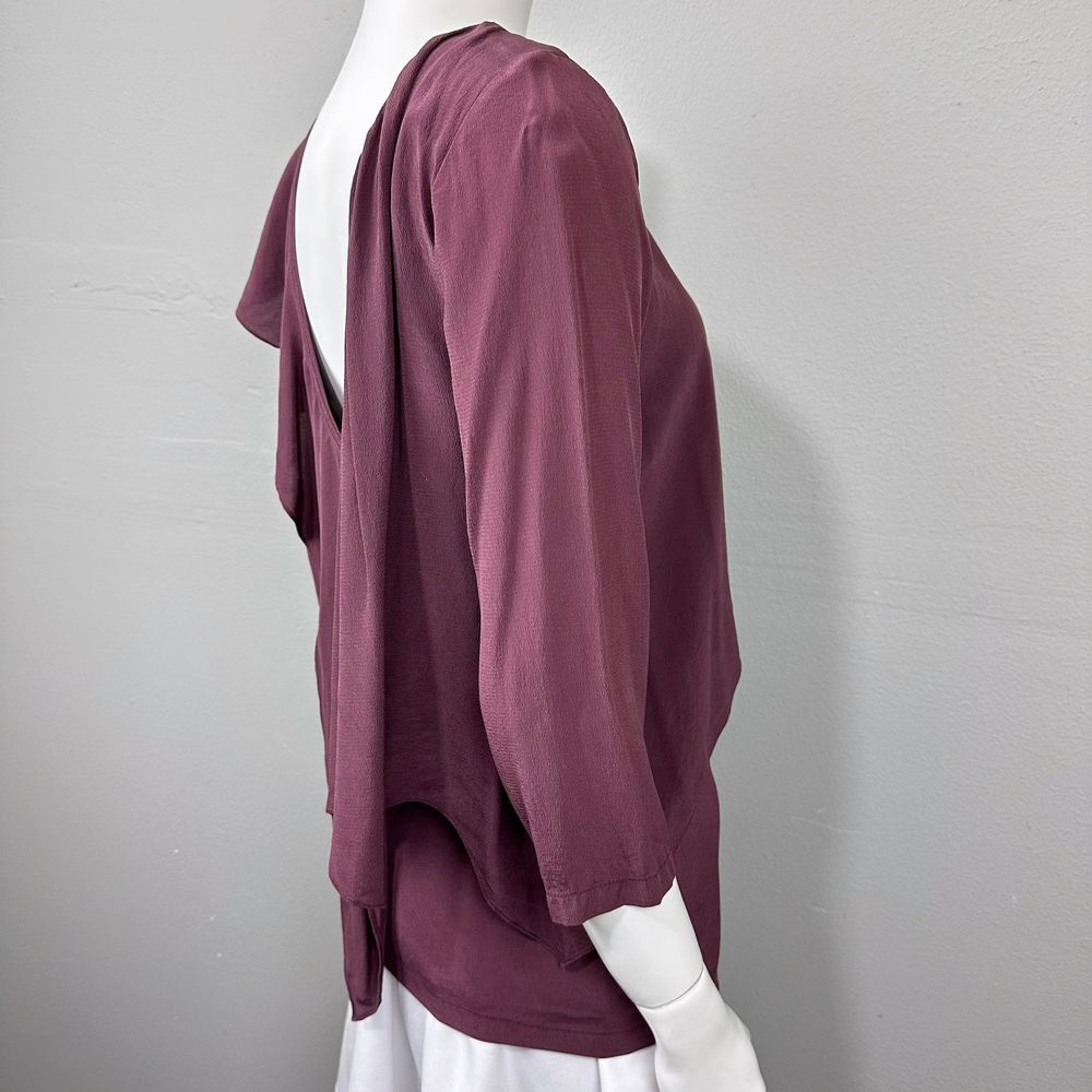 See by Chloe Silk Ruffle Blouse Size 2 Burgundy Asymmetric Romantic‎ Artsy FLAWS - Picture 2 of 16